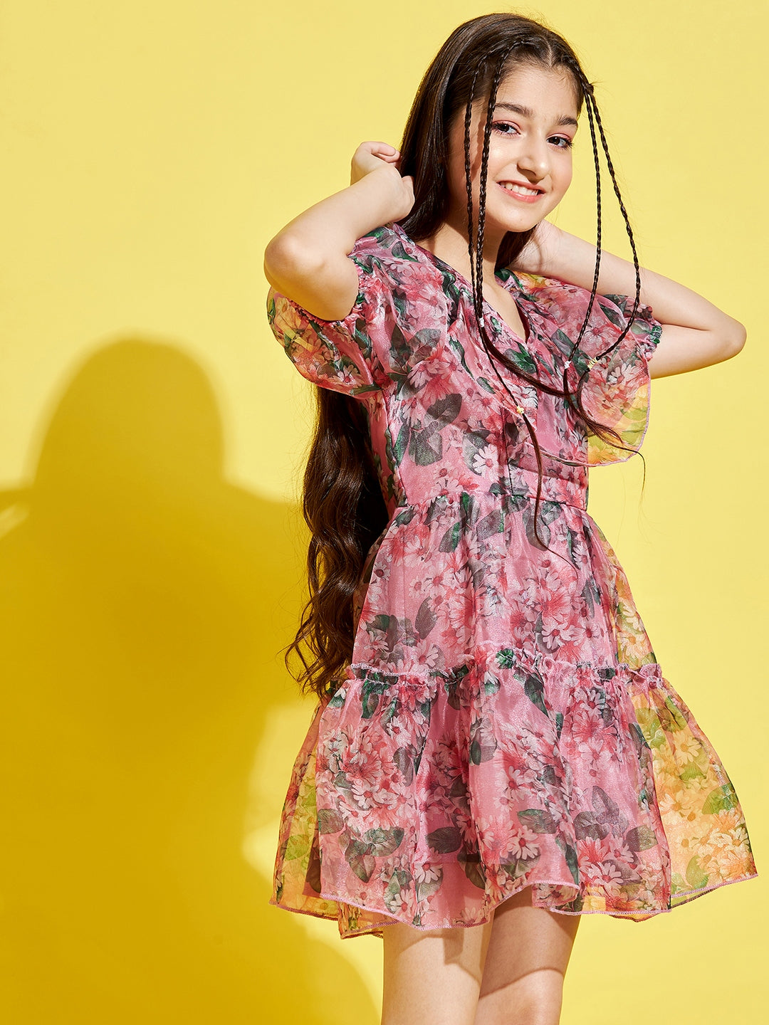 Girls Pink & Black Floral Dress
