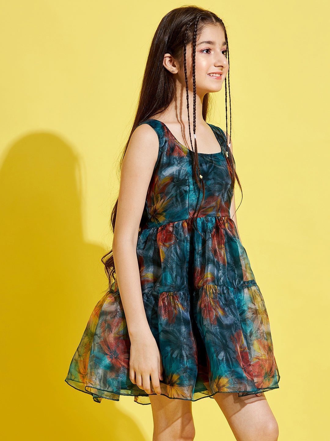 Girls Teal & Rust Floral Dress