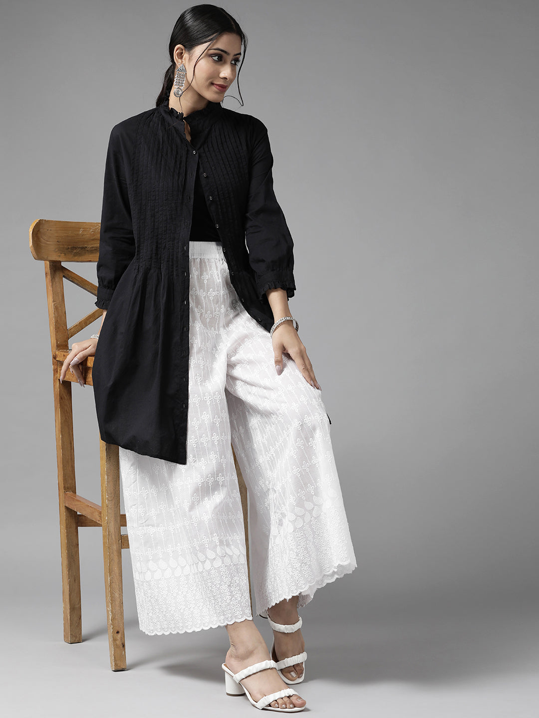 Women White Floral Embroidered Cotton Palazzos