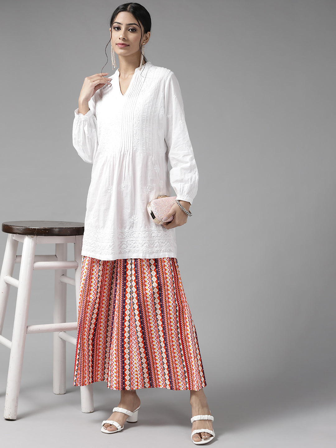 Women Off White & Orange Printed Cotton Palazzos