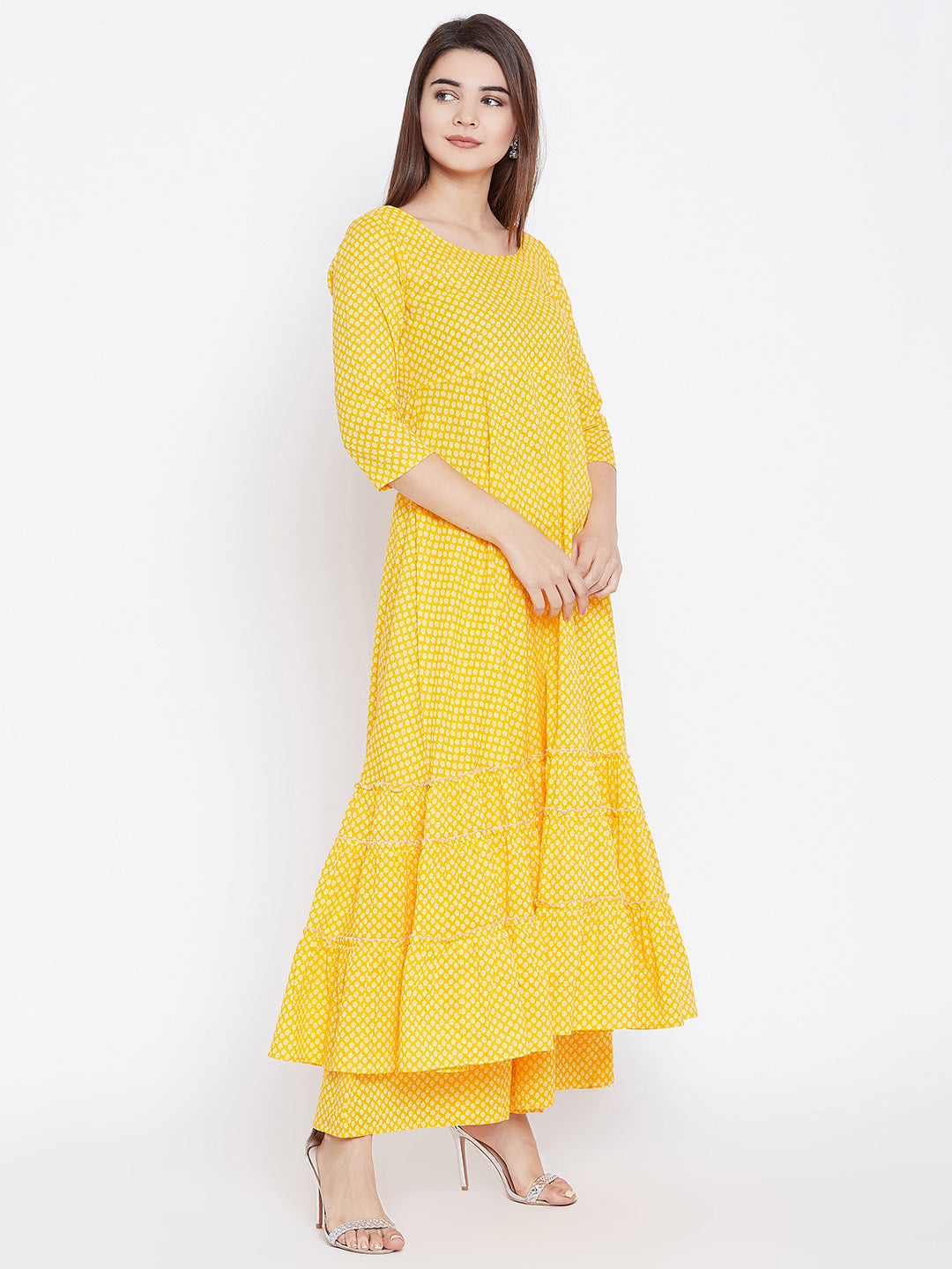 PANIT Women Yellow Printed Tiered A-Line Kurta