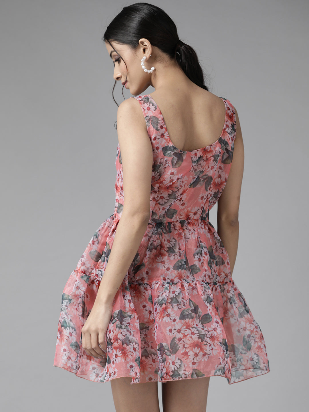 PANIT Peach-Coloured Floral Fit And Flare Dress