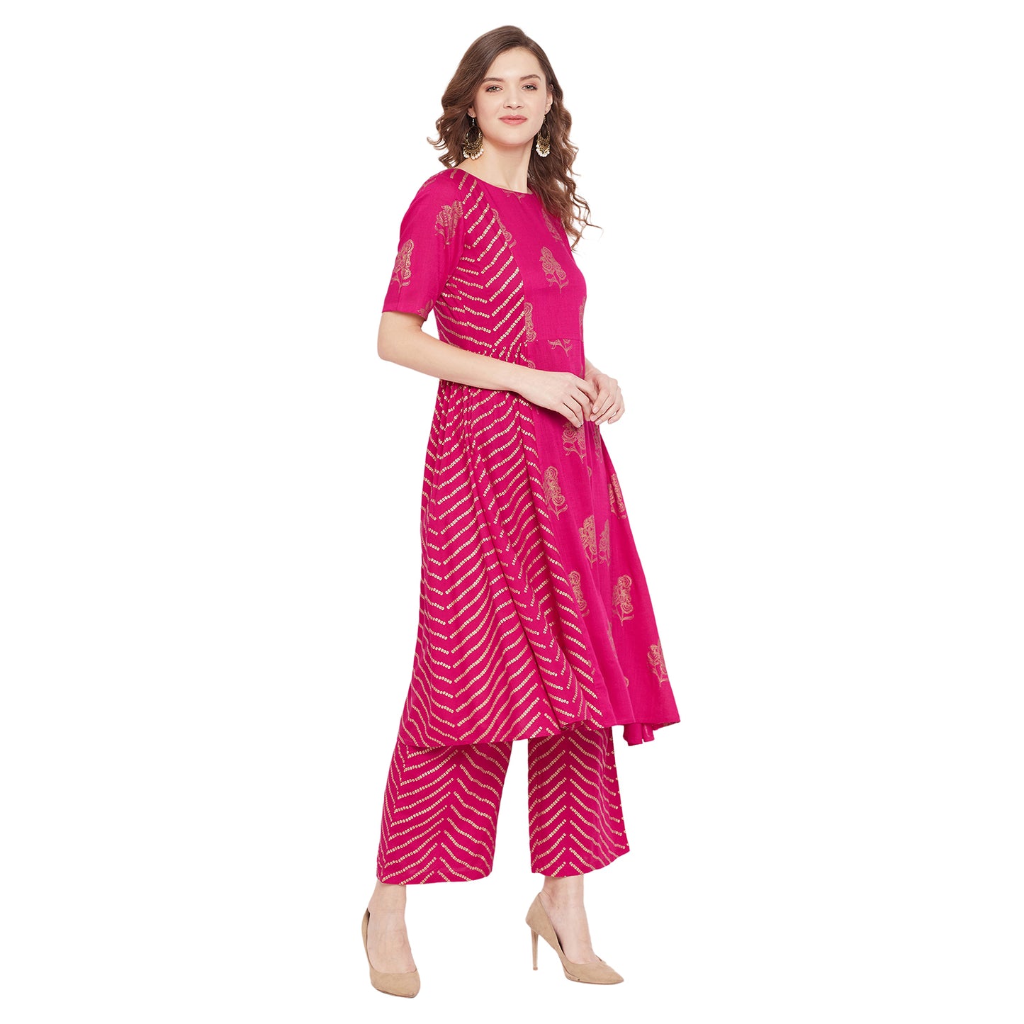 Fuchsia foil printed kurta set