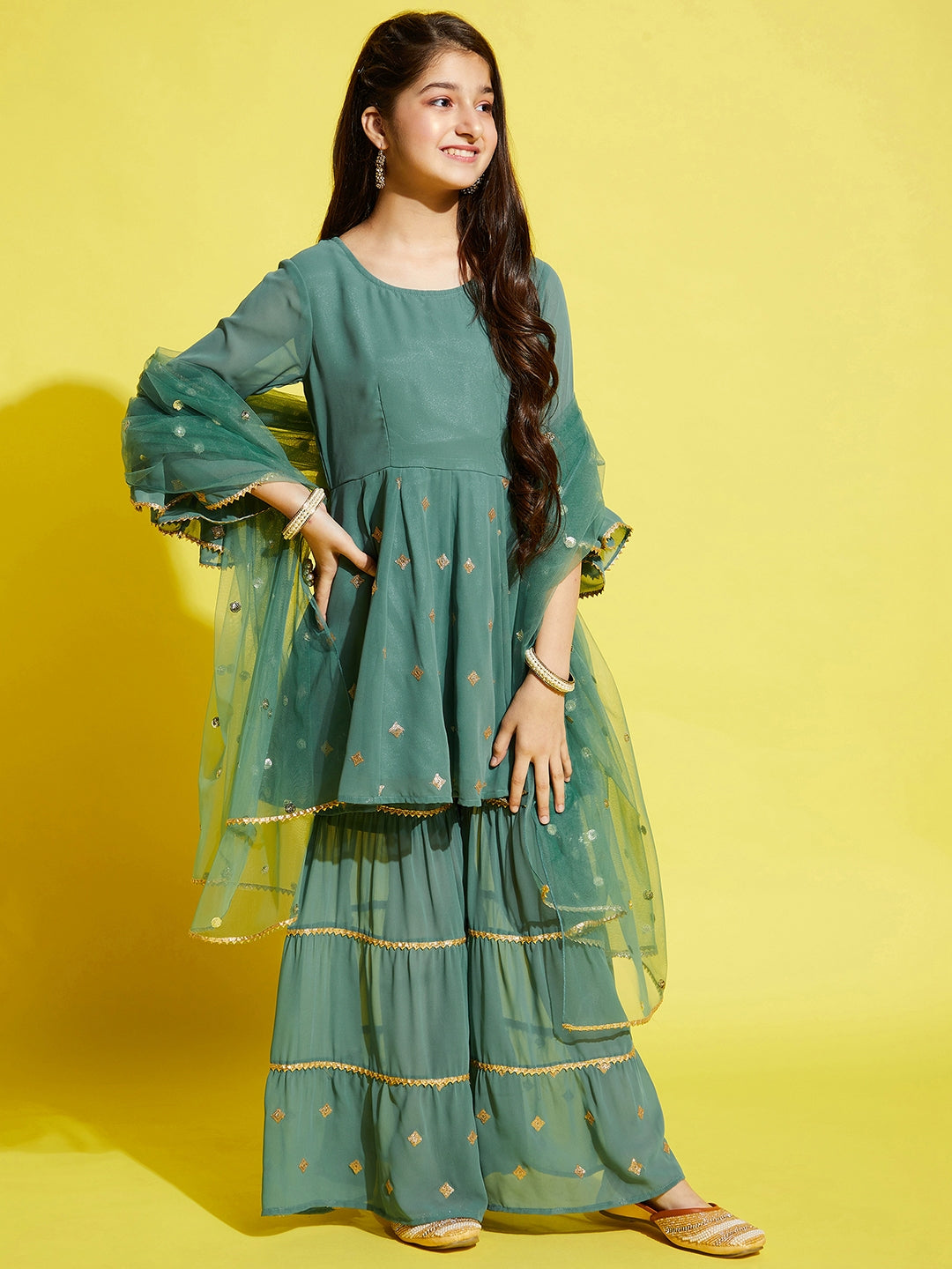 Girls Green Ethnic Motifs Embroidered Empire Kurta with Sharara & Dupatta