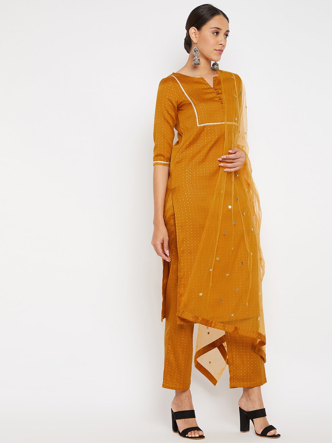 Women Mustard Blue Sequin Straight Kurta Set with Dupatta