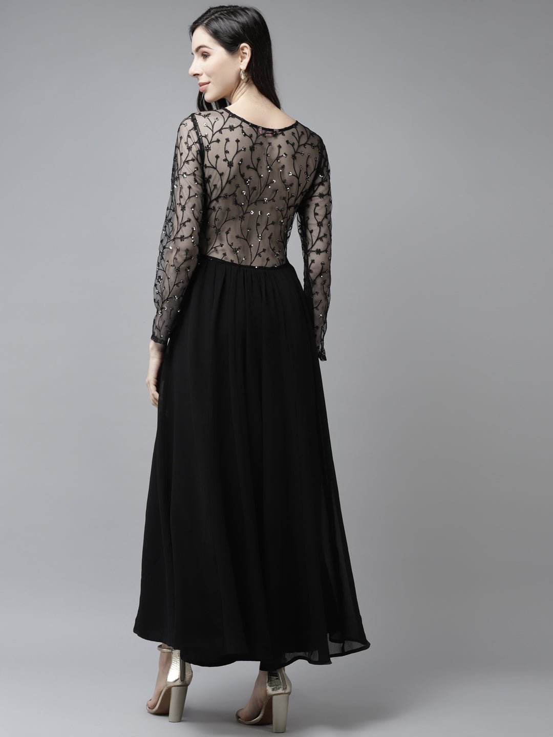 PANIT Women Black Floral Embroidered Maxi Dress