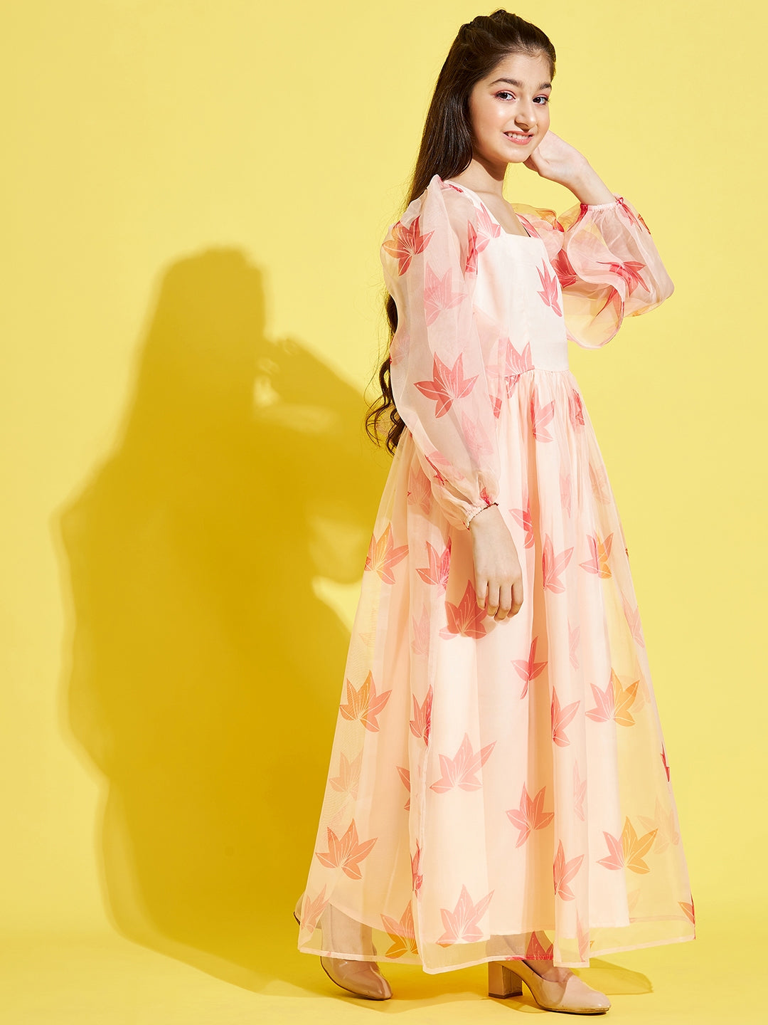 Girl Cream-Coloured leaf printed Maxi Dress
