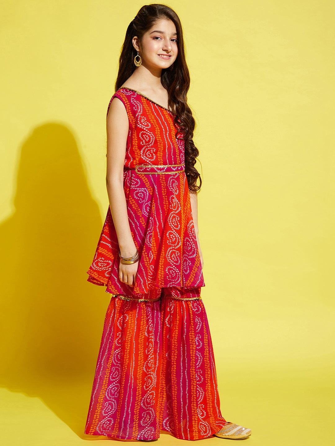 Girls Orange & Pink Bandhani Printed A-Line Kurta with