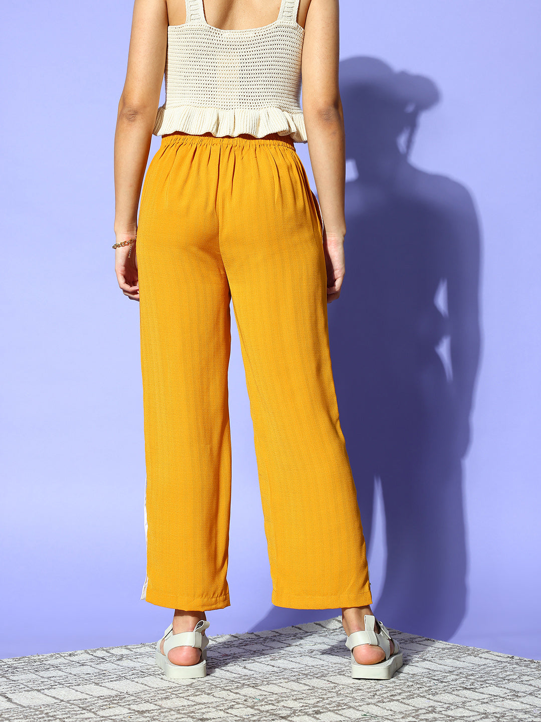 PANIT Women Stylish Mustard Solid Roman Column Trousers