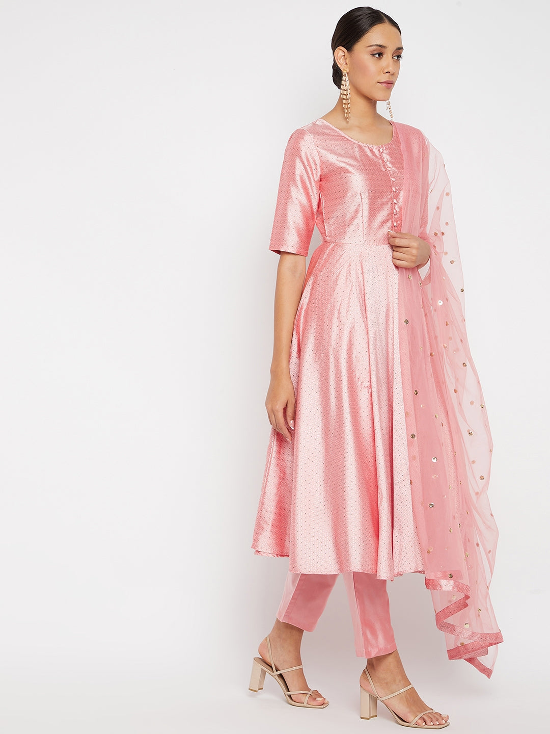 Women Rose Gold Pleated Golden Thread Work Kurta Set With Trouser And Dupatta