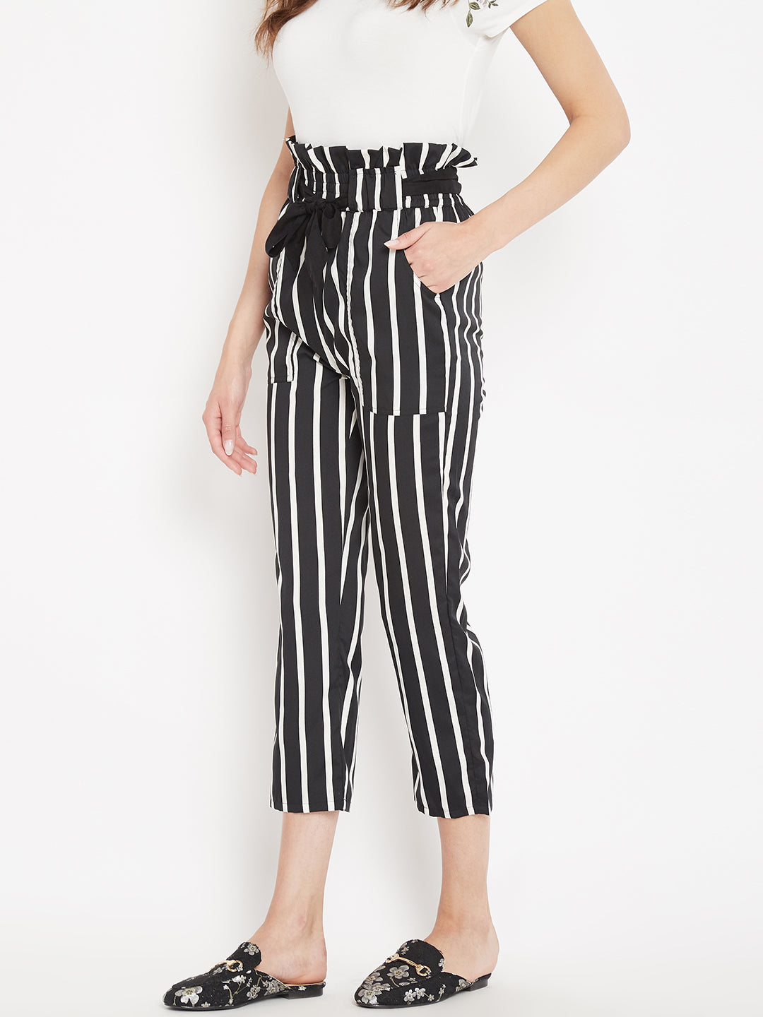 Women's black and white stripes high waist trouser