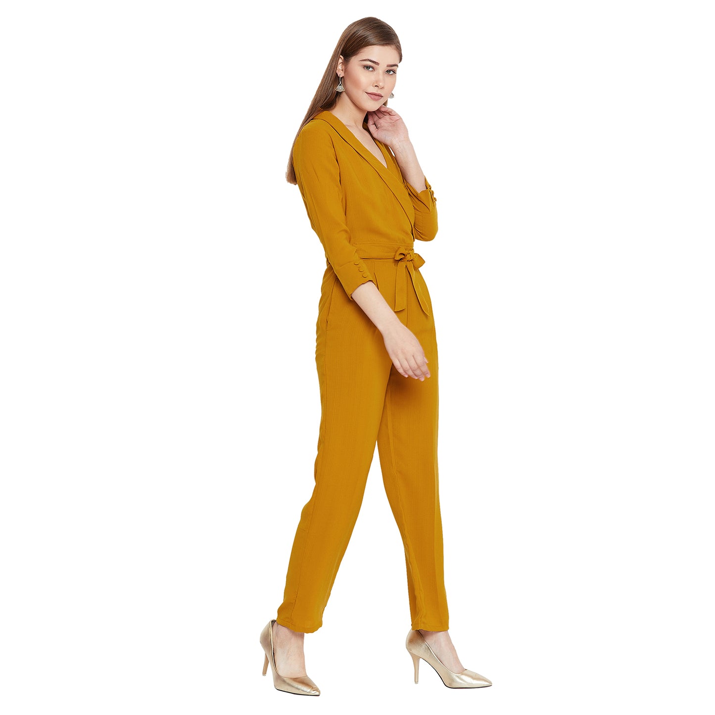 Women'S Solid Mud Yellow Full Length Crepe Jumpsuit