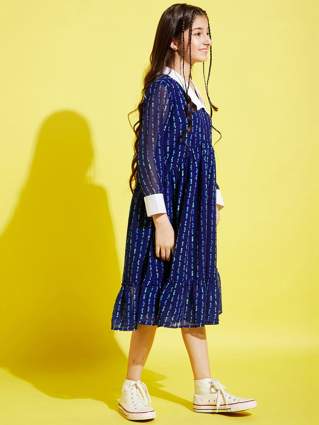 Girls Blue & White Midi Dress