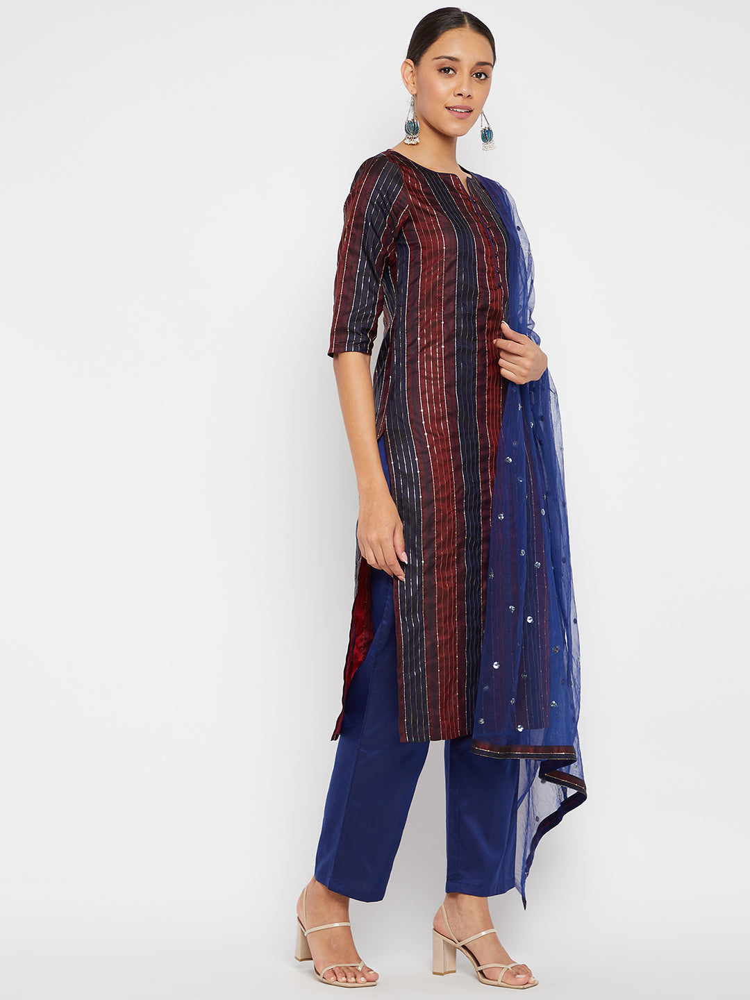 Women Maroon Blue Sequin Straight Kurta Set with Dupatta