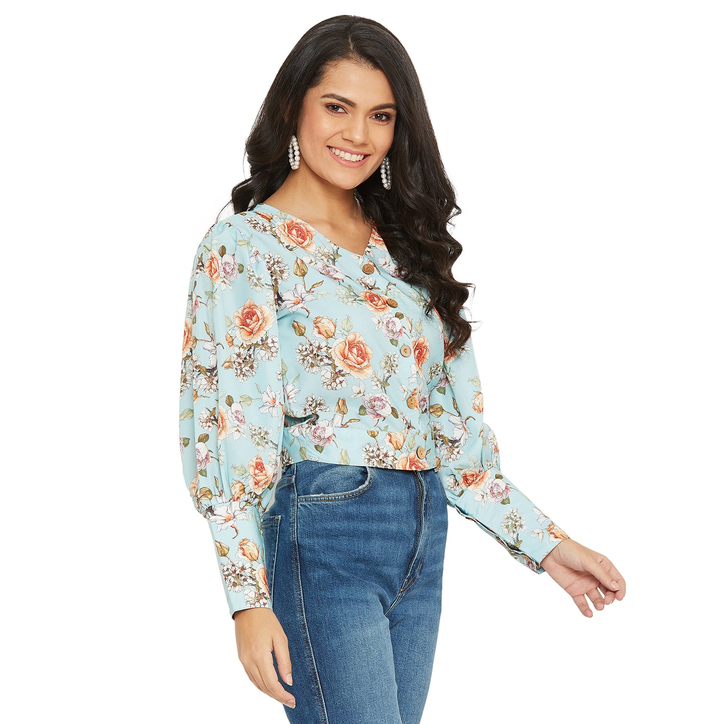 Ice Blue Floral Printed Top With Puff Sleeve