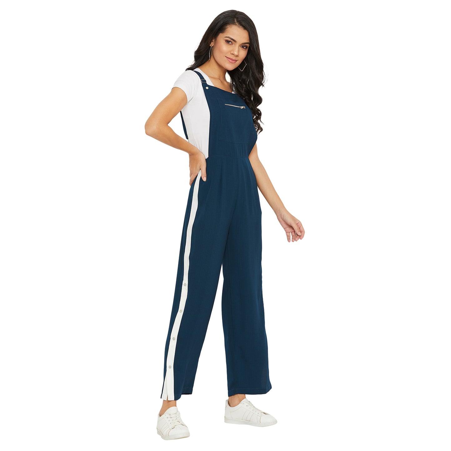 Teal solid dungarees with side stripes detail