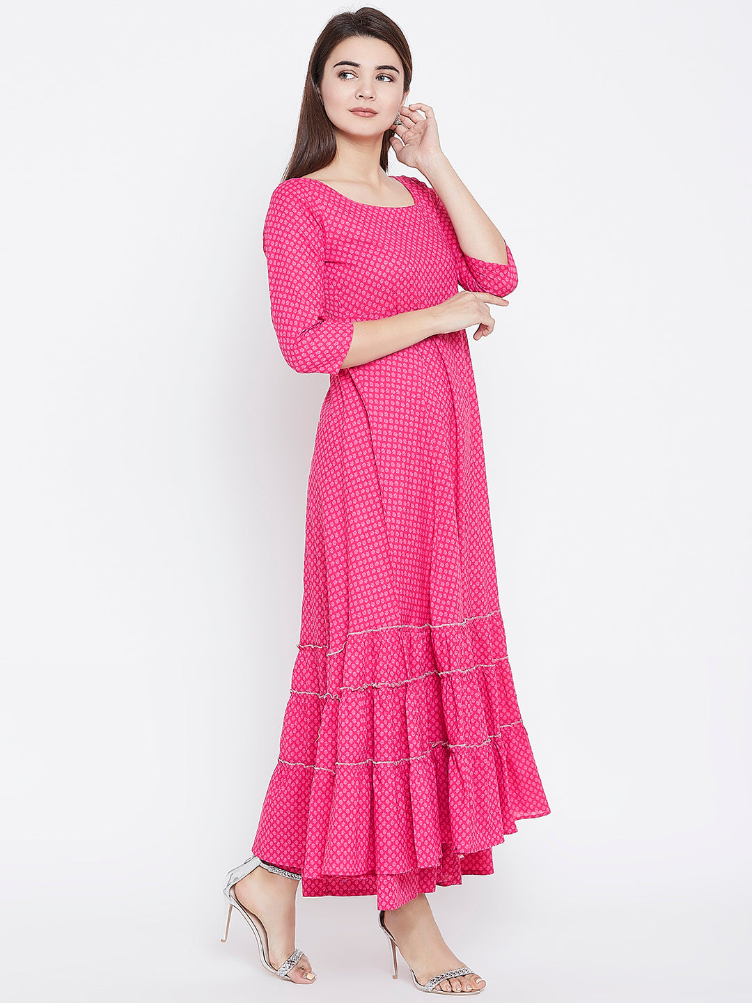 PANIT Women Pink Ethnic Motifs Printed Tiered Anarkali Kurta