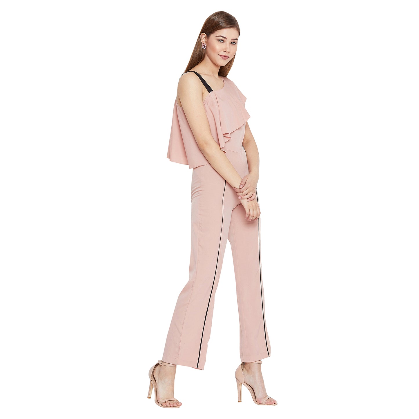 Women'S Solid Rose Gold Full Length Straight Fit Crepe Jumpsuit