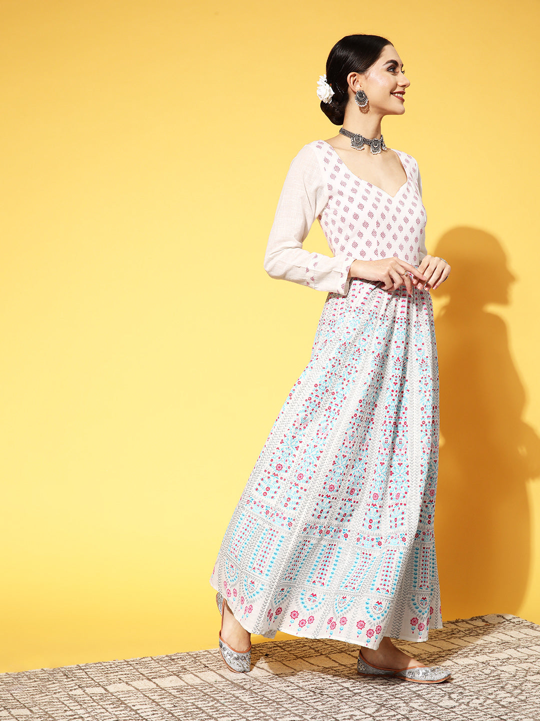 PANIT White Ethnic Motifs Swirling Volume Dress