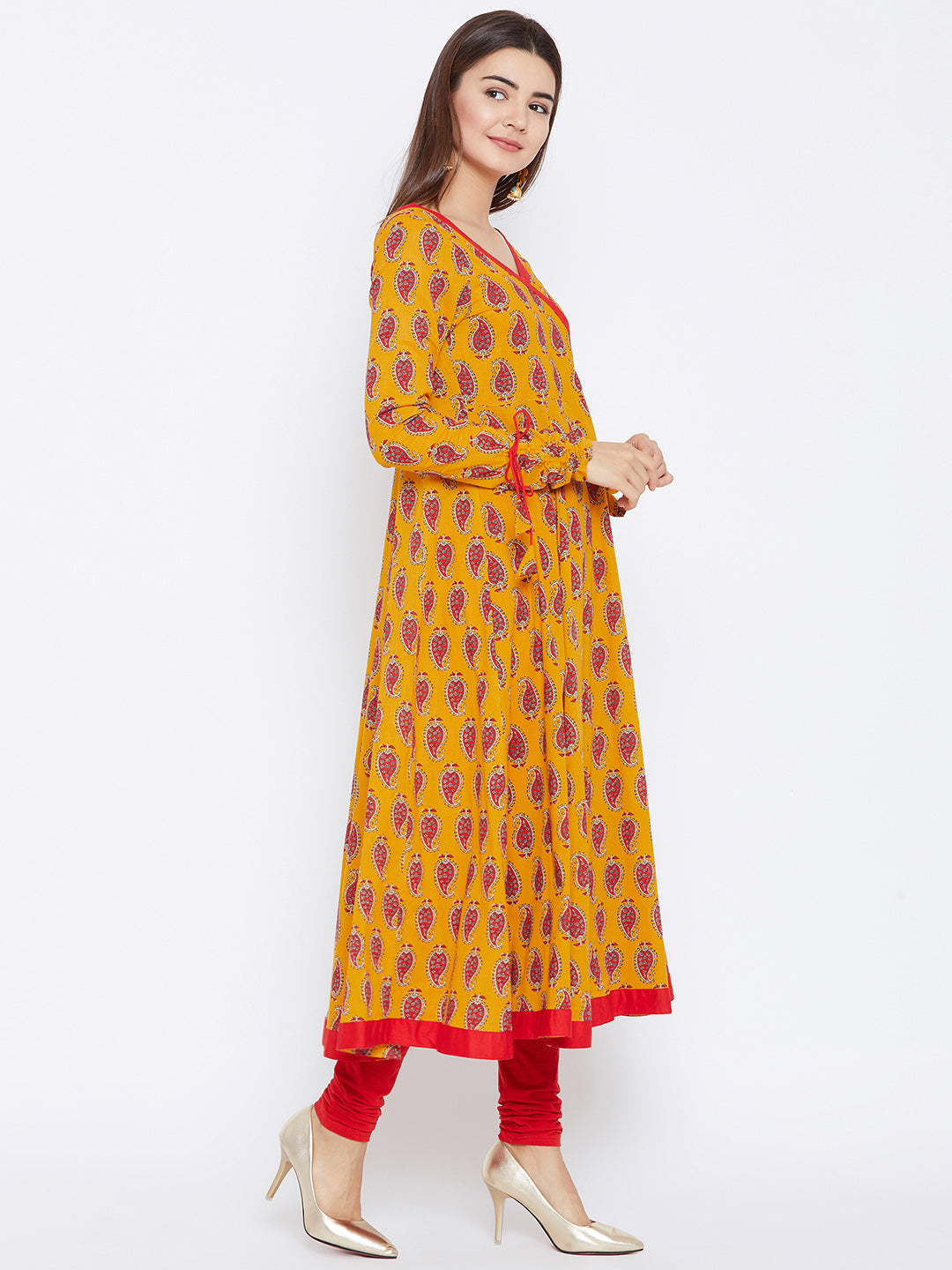 Women's Yellow And Red Color Paisley Printed Anarkali Ankle Length Kurta