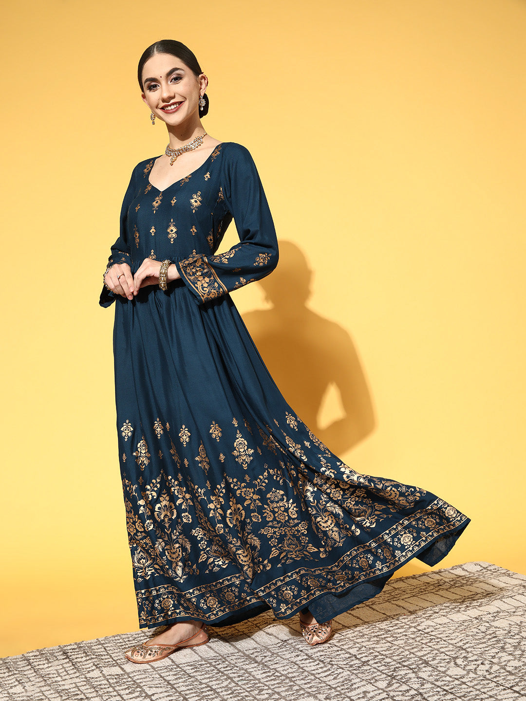 Women Tranquil Teal Ethnic Motifs Swirling Volume Dress