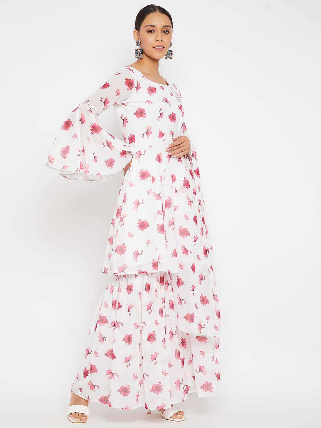 Women White Pink Red Floral Print Sharara Set With Dupatta