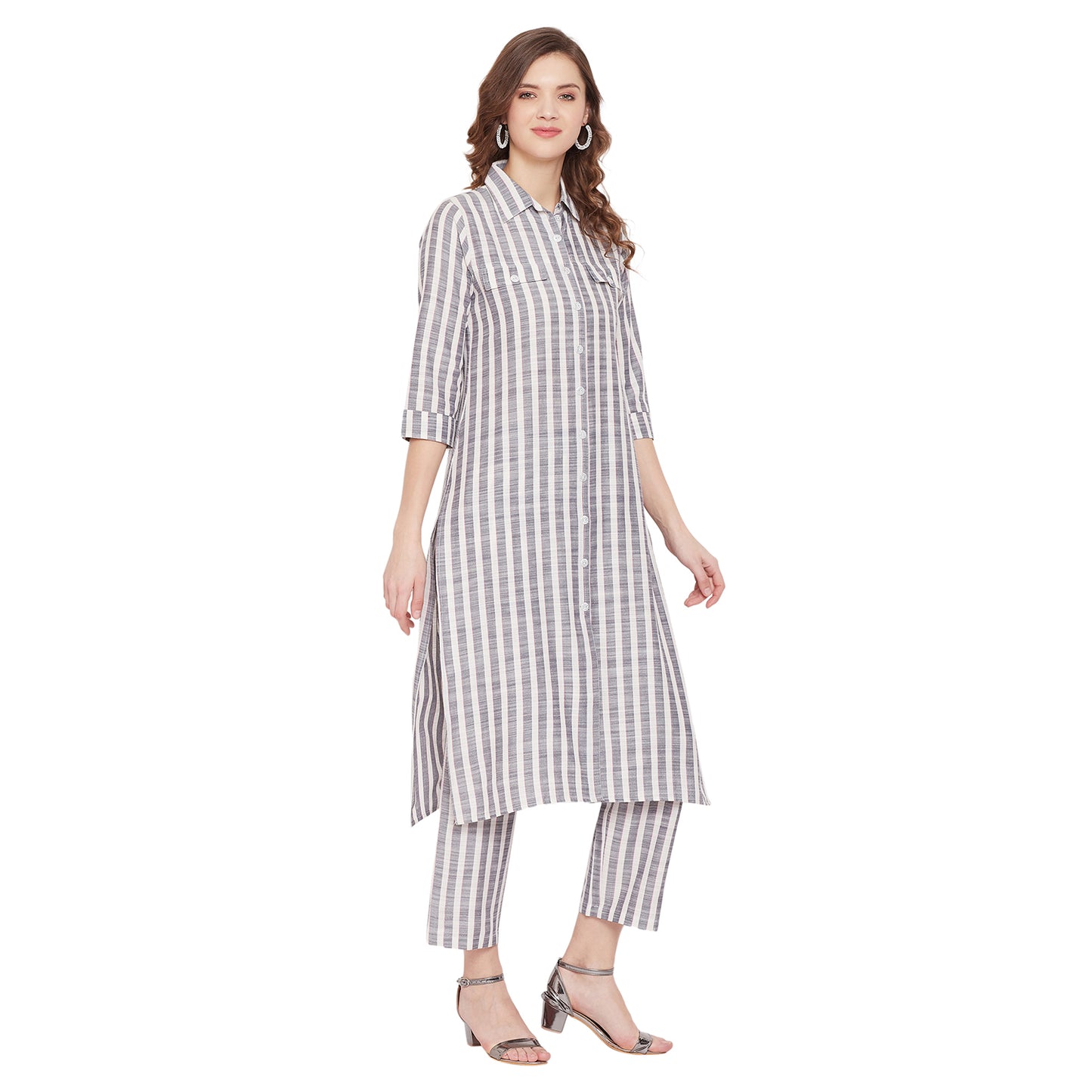 Formal white and grey stripe kurta set