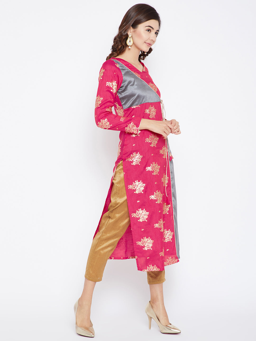 Women's Magenta And Grey Color On Gold Foile Printed Streight Angrakha Kurta
