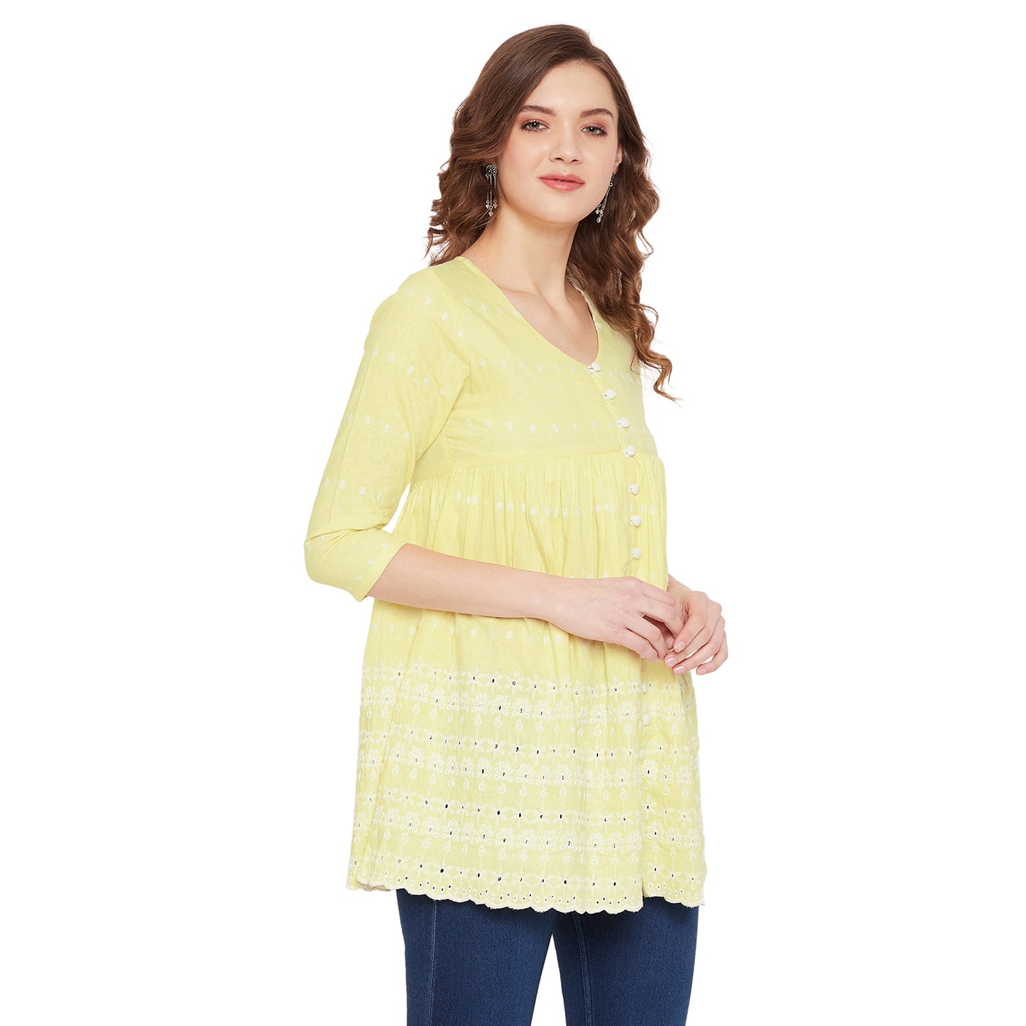 Women Yellow Schiffli A-Line Flared Top