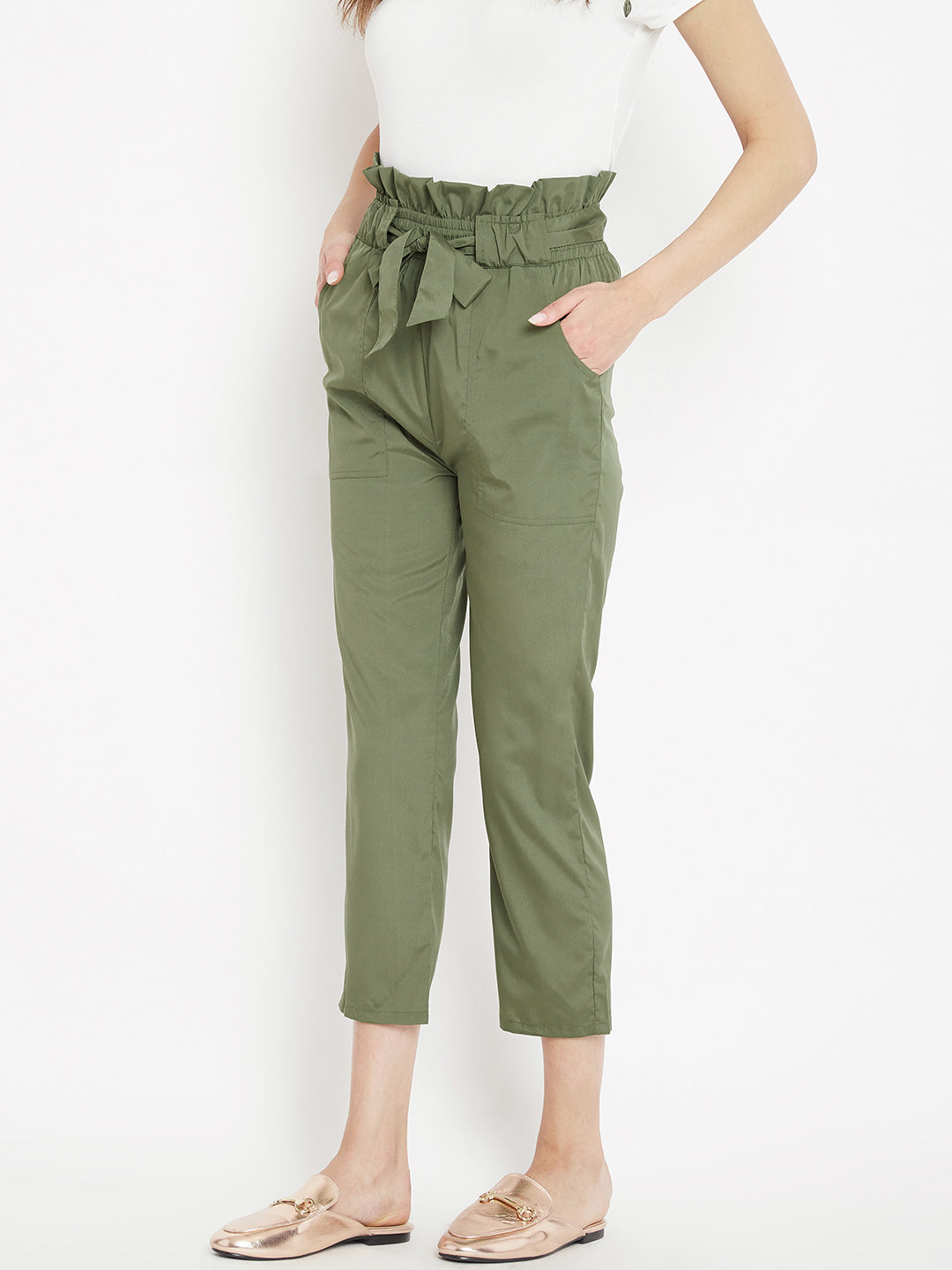 Women's solid olive pleated high waist trouser