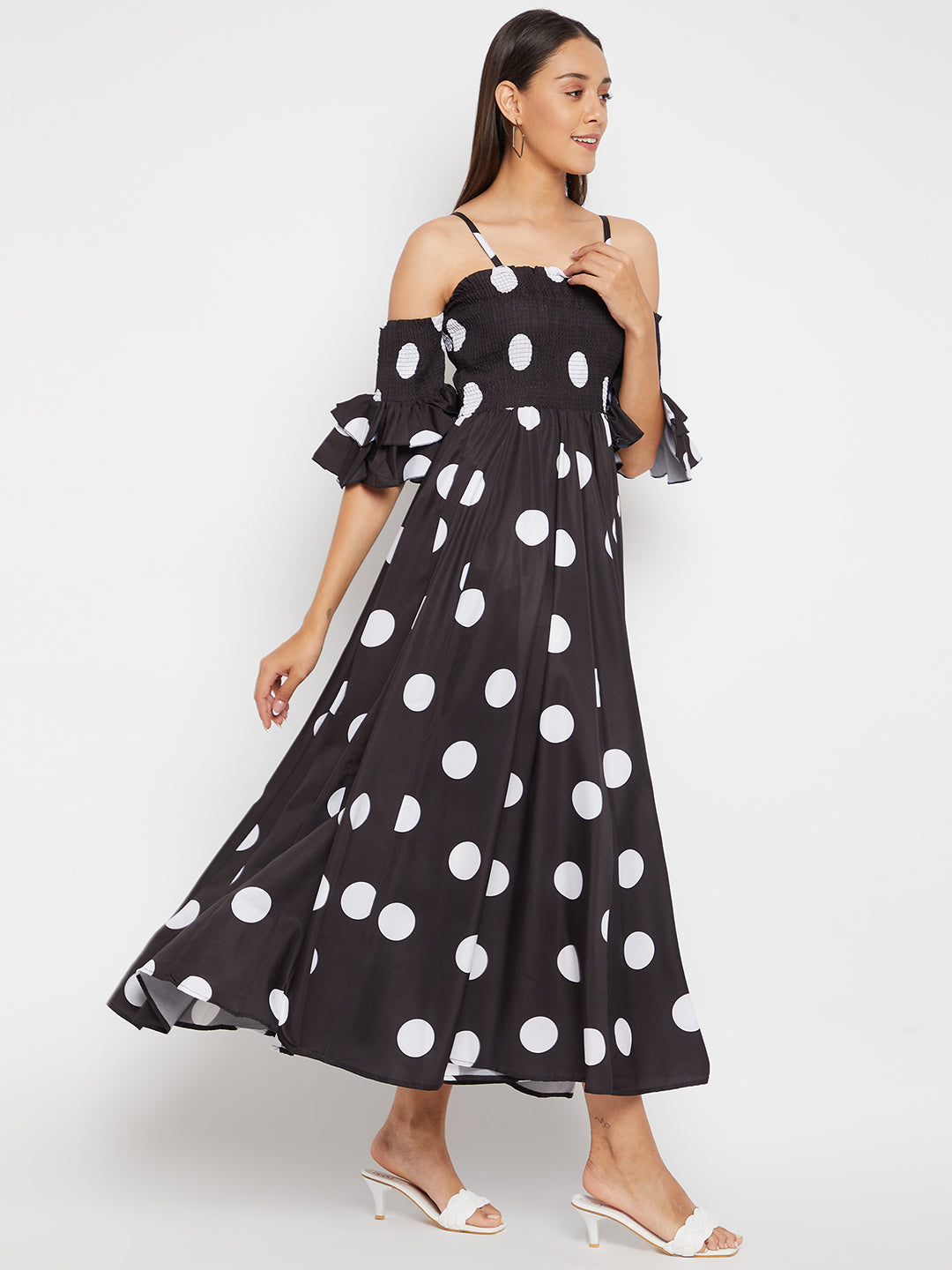 Women Black Base and White Polka Dot Printed Maxi Dress