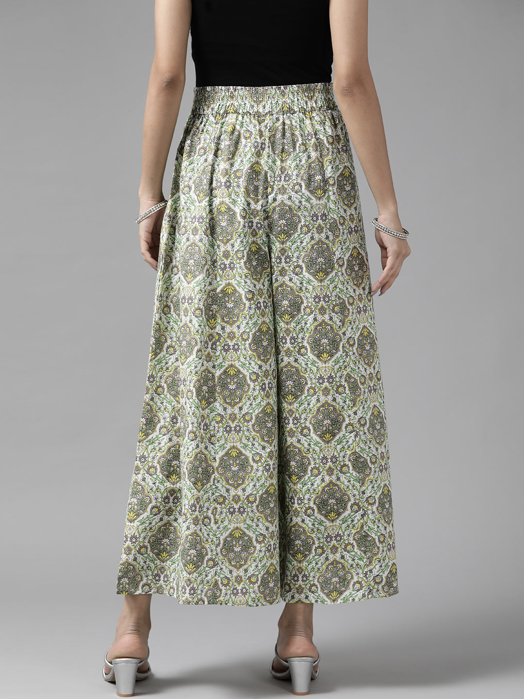 Women White Green & Grey Floral Printed Ethnic Cotton Palazzos