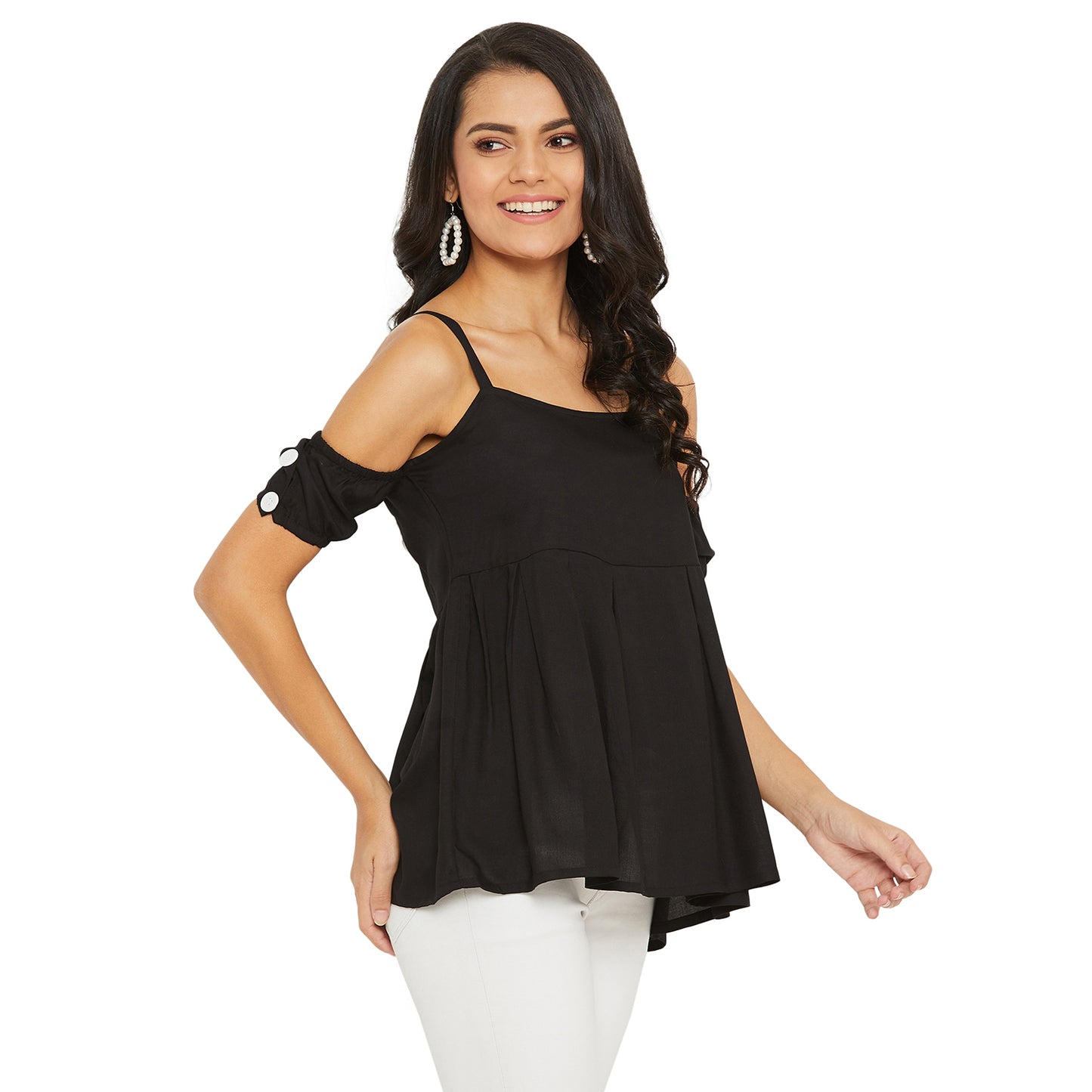 Black Solid Off Shoulder Puff Sleeves Bardot Top