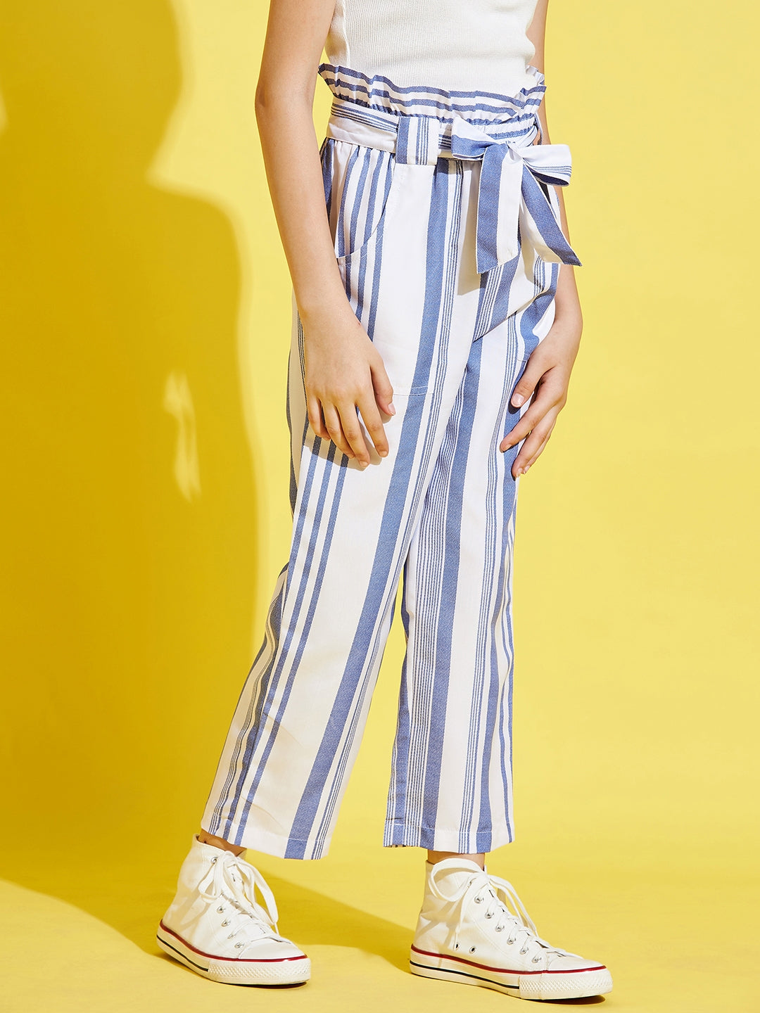 Girls White and Blue Striped Peg Trouser