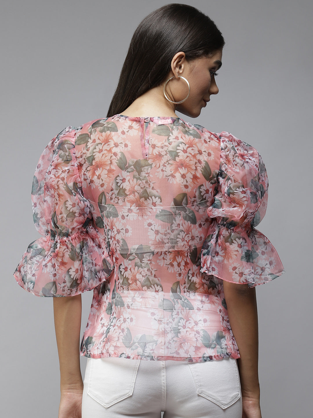PANIT Pink Green Organza Floral Print Top