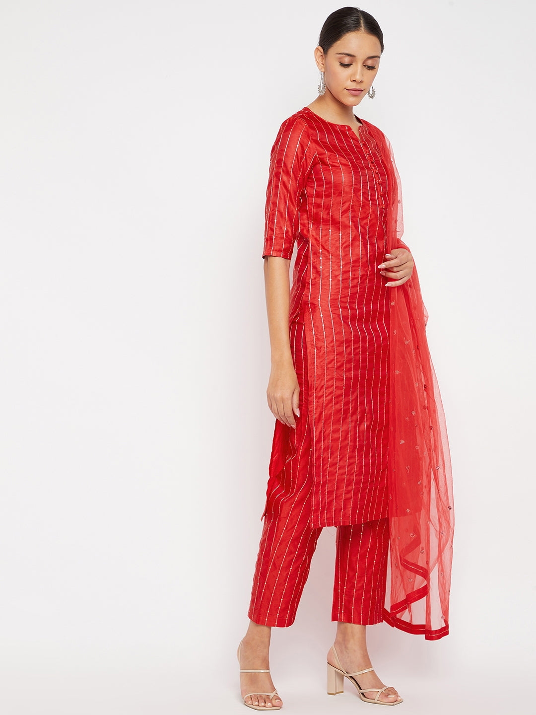 Women Red Sequin Straight Kurta Set with Dupatta