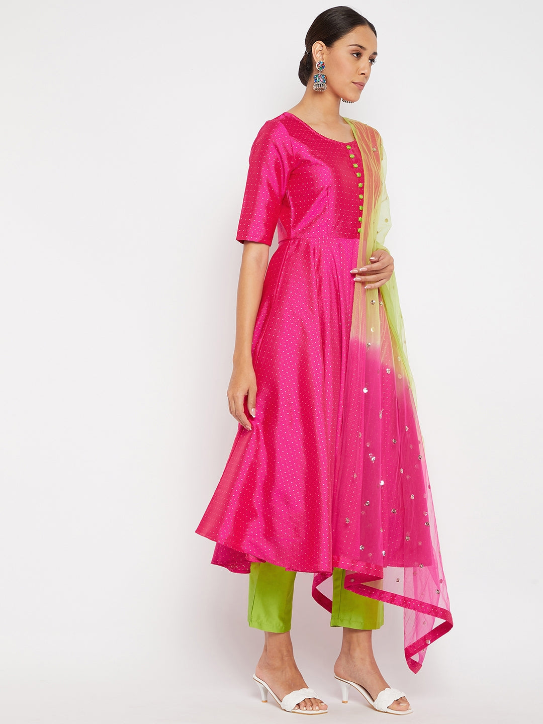 Women Magenta Pleated Golden Thread Work Kurta Set With Trouser And Dupatta