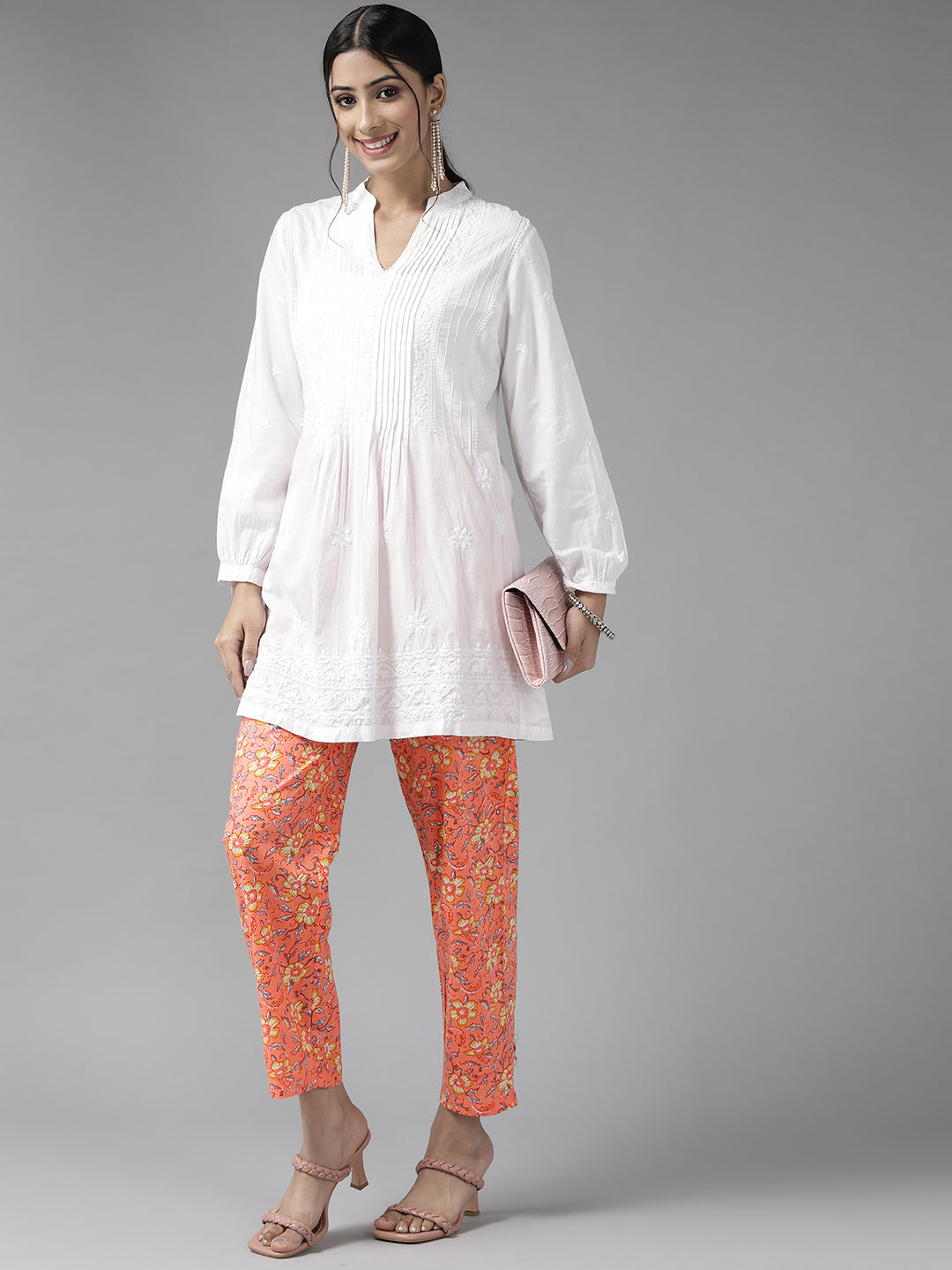 Women Peach-Coloured & Yellow Cotton Floral Printed Comfort Fit Trousers