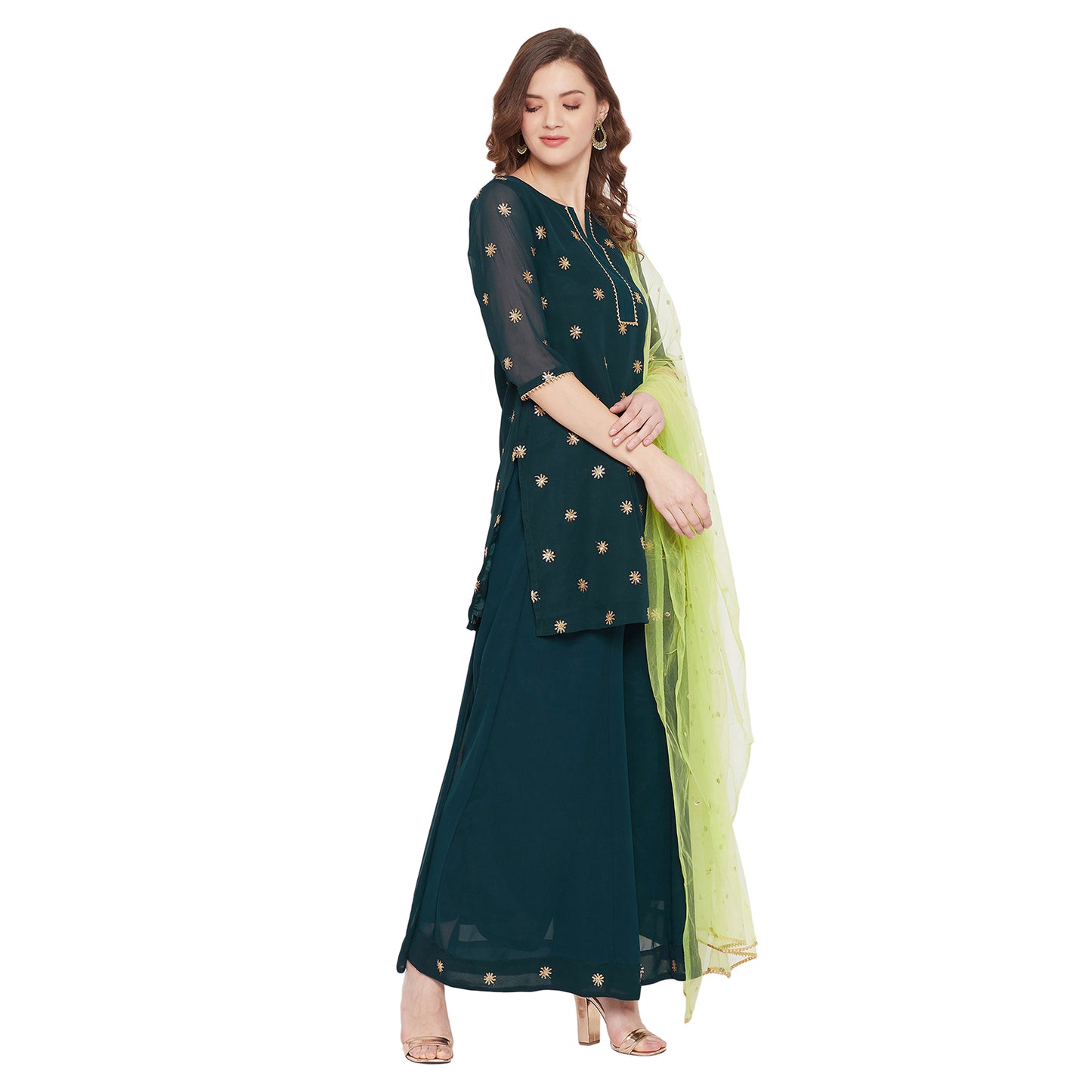 Dark green sun delicately embroidered sharara set