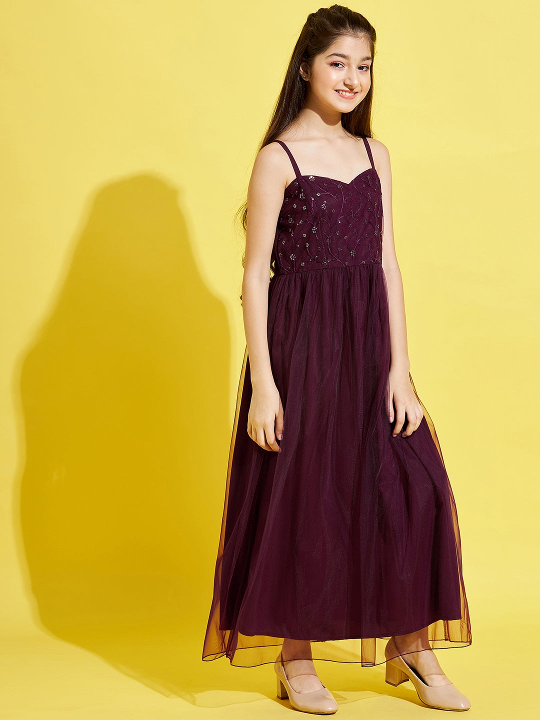 Women Maroon Floral Net Maxi Dress