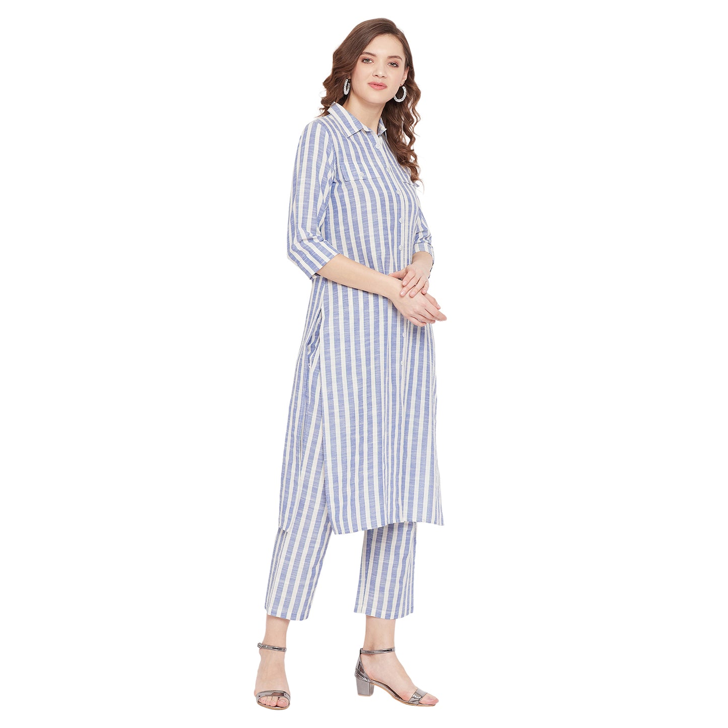 Formal white and blue stripe kurta set