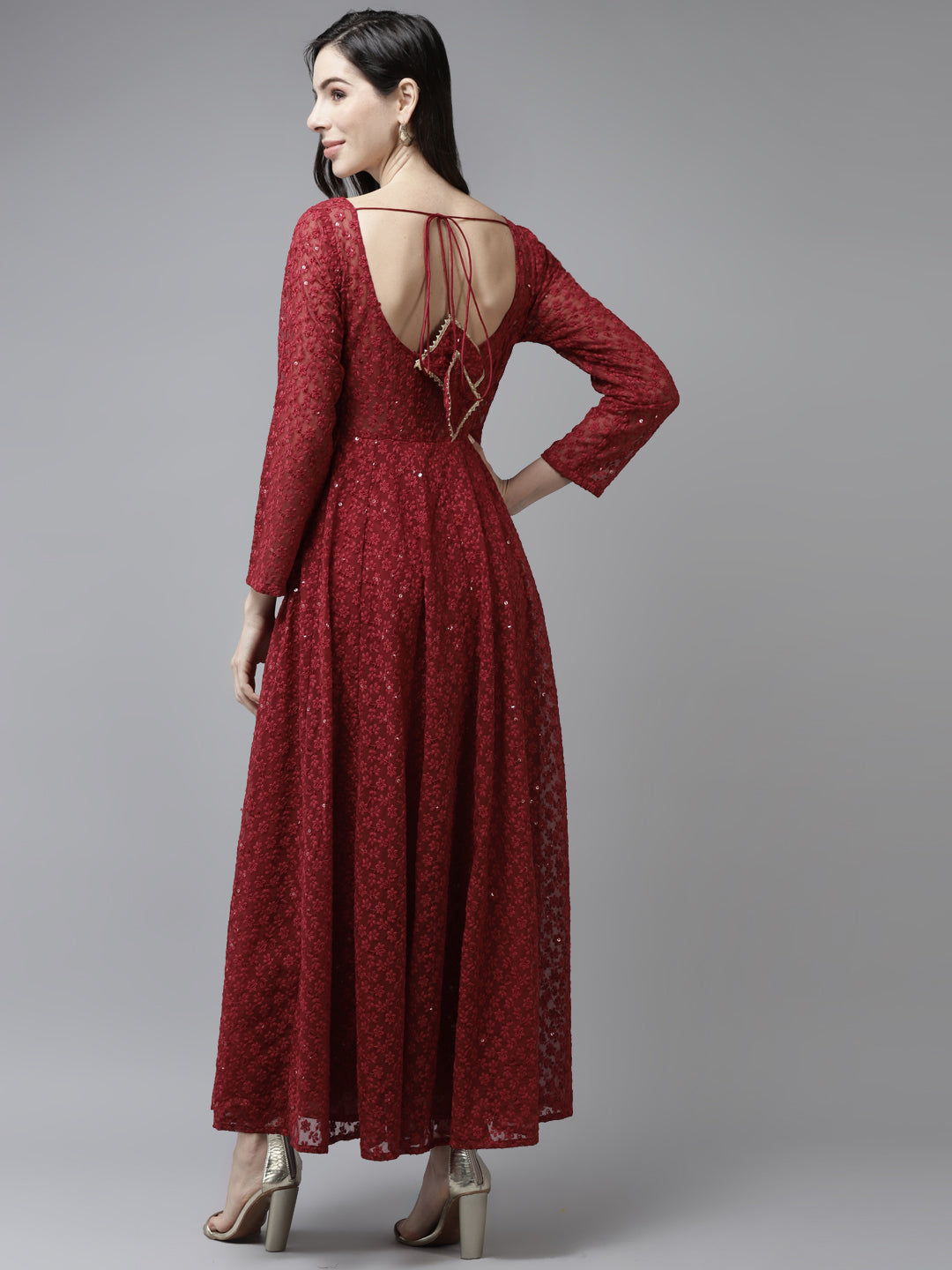PANIT Women Red Ethnic Motifs Embroidered Ethnic Maxi Dress