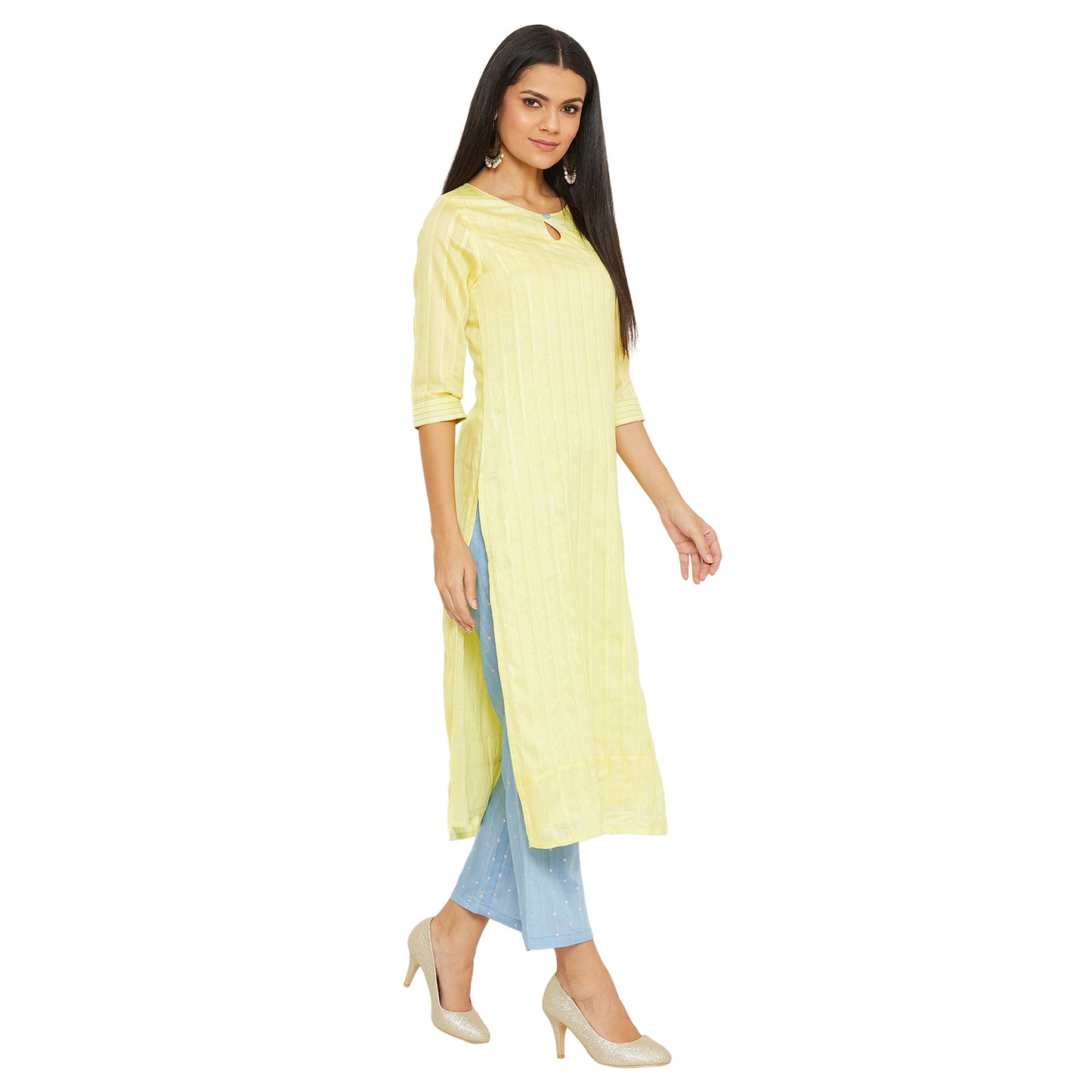 Lemon Lurex Kurta With Blue Trouser