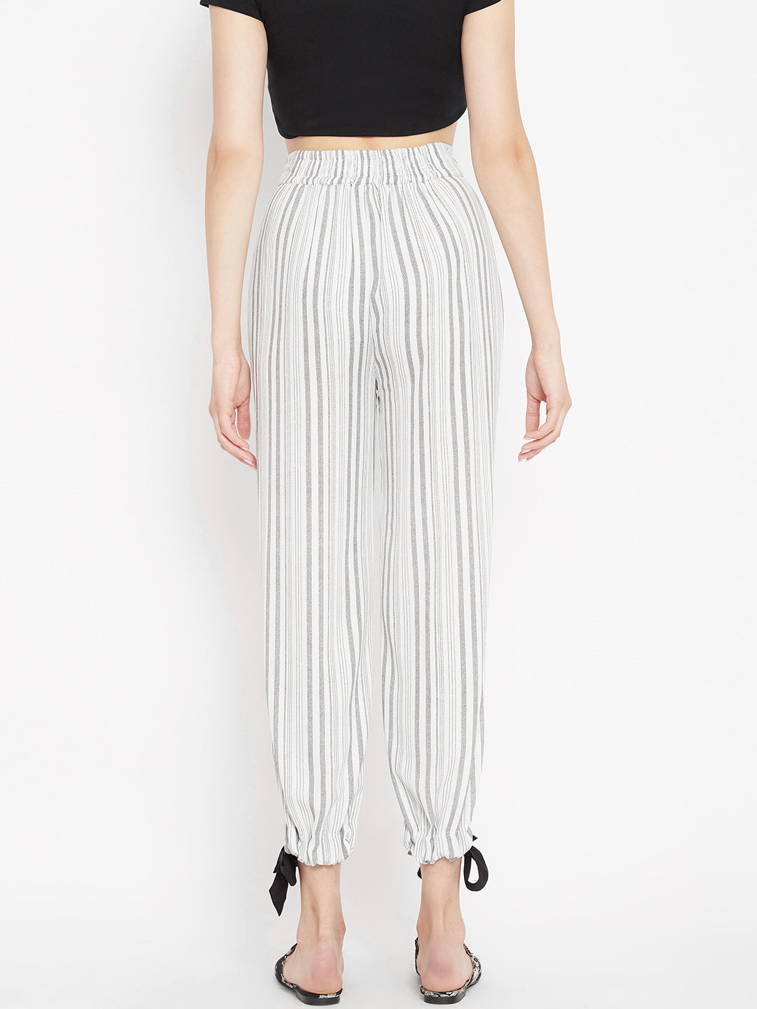 Women's ivory and grey stripes elasticed waist trouser
