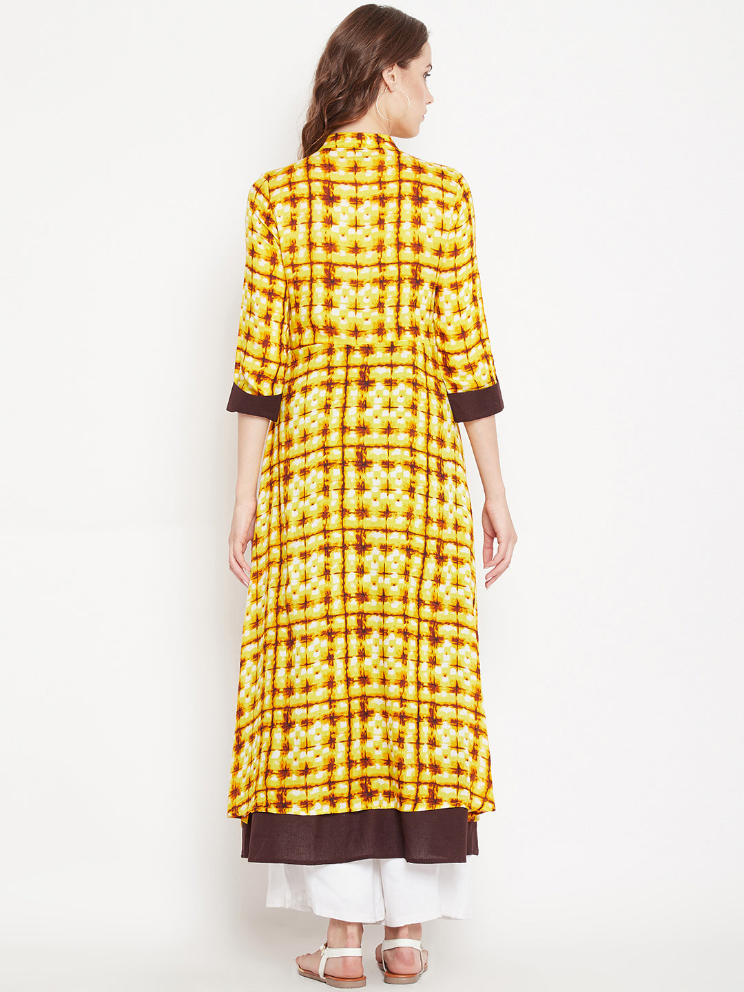 Women's Yellow And Brown Based Shibori Printed Mid Length Layered Kurta
