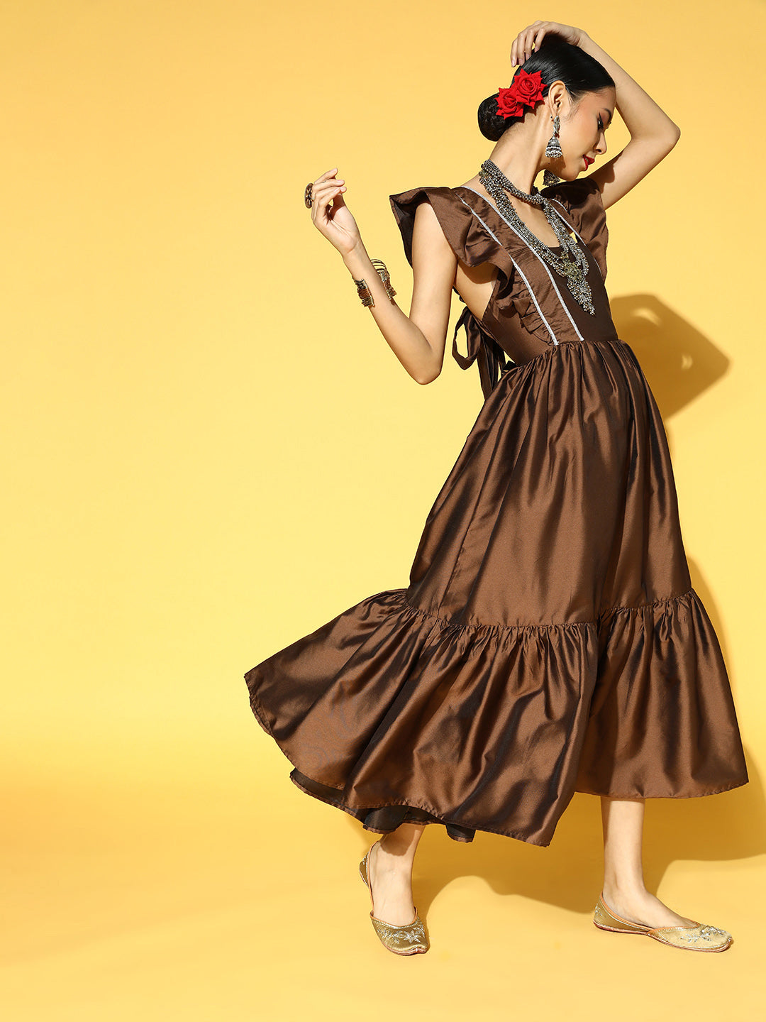 Brown Solid Cut Out Tie-up Gathered Maxi Dress