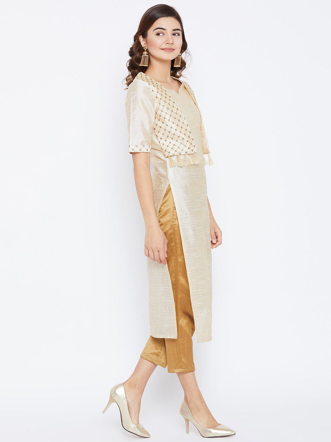 Women's Beige Color Plain Straight Fit Mid Length Kurta With Jacket
