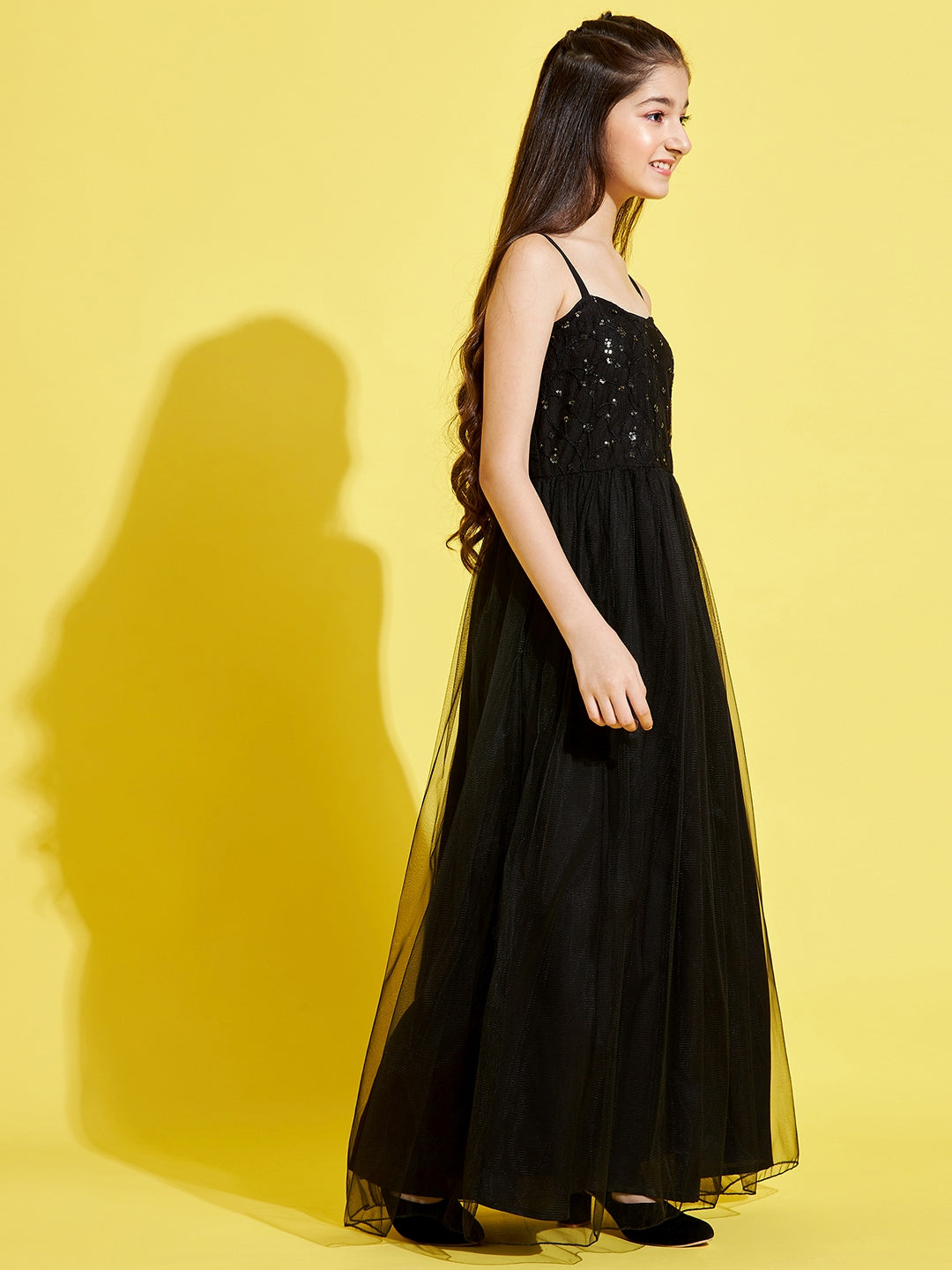 Girls Black Floral Net Maxi Dress