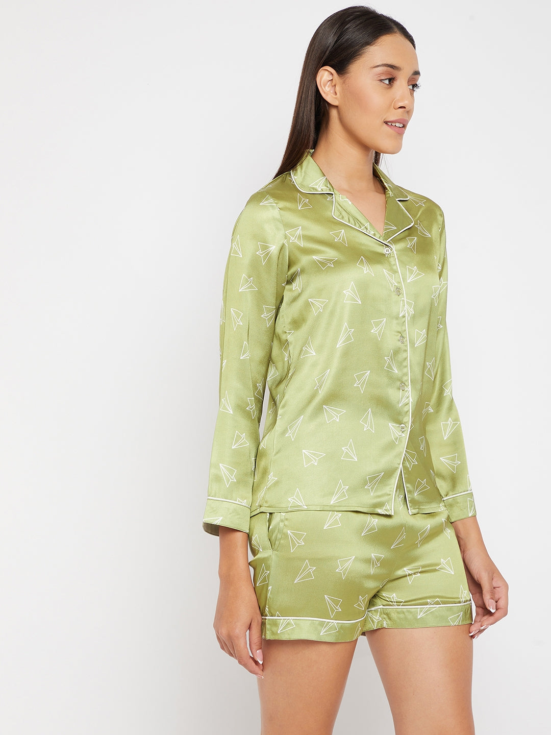 Women Lime Green & White Printed Night suit