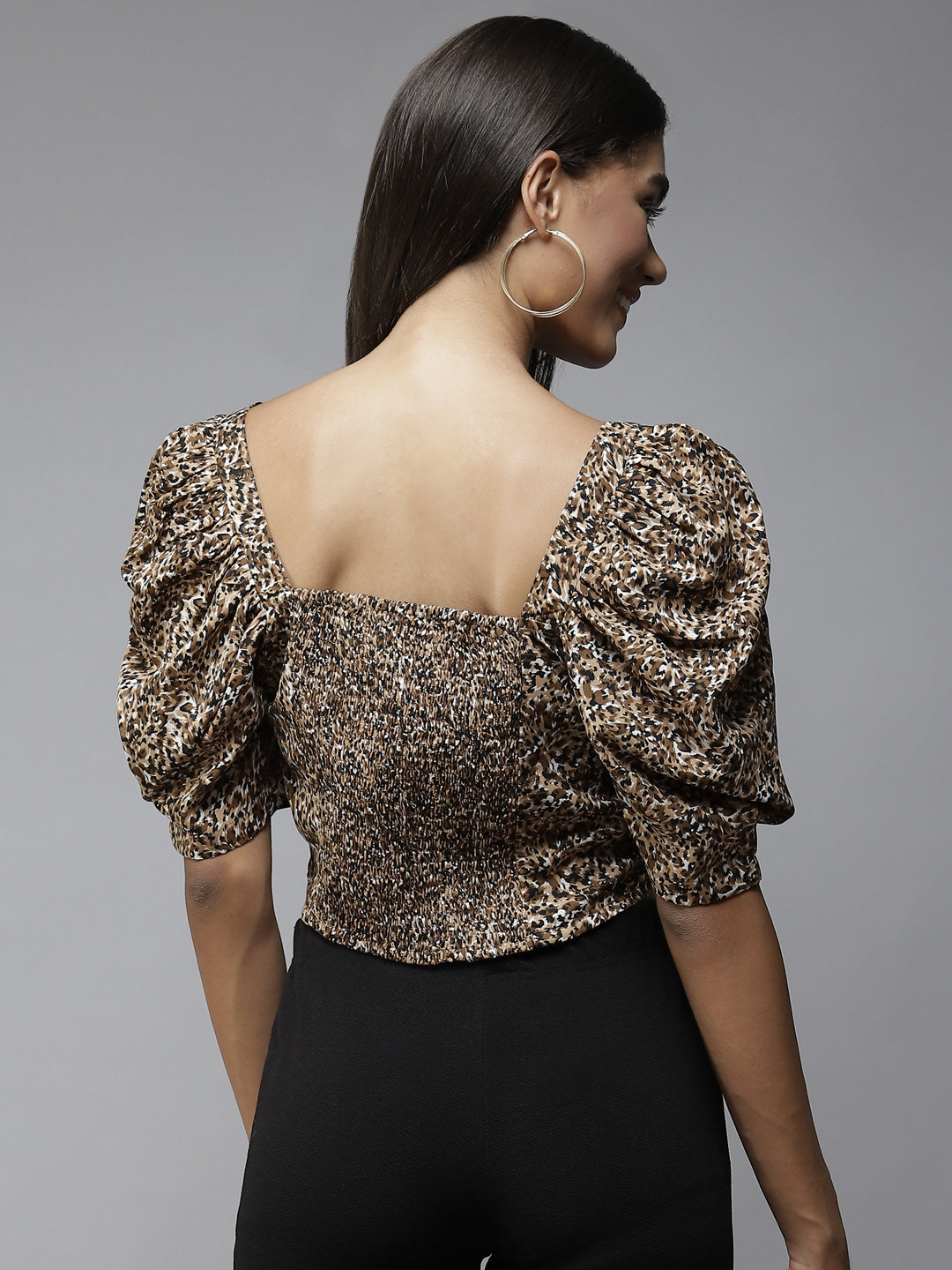 Brown & Black Animal Print Sweetheart Neck Crop Top